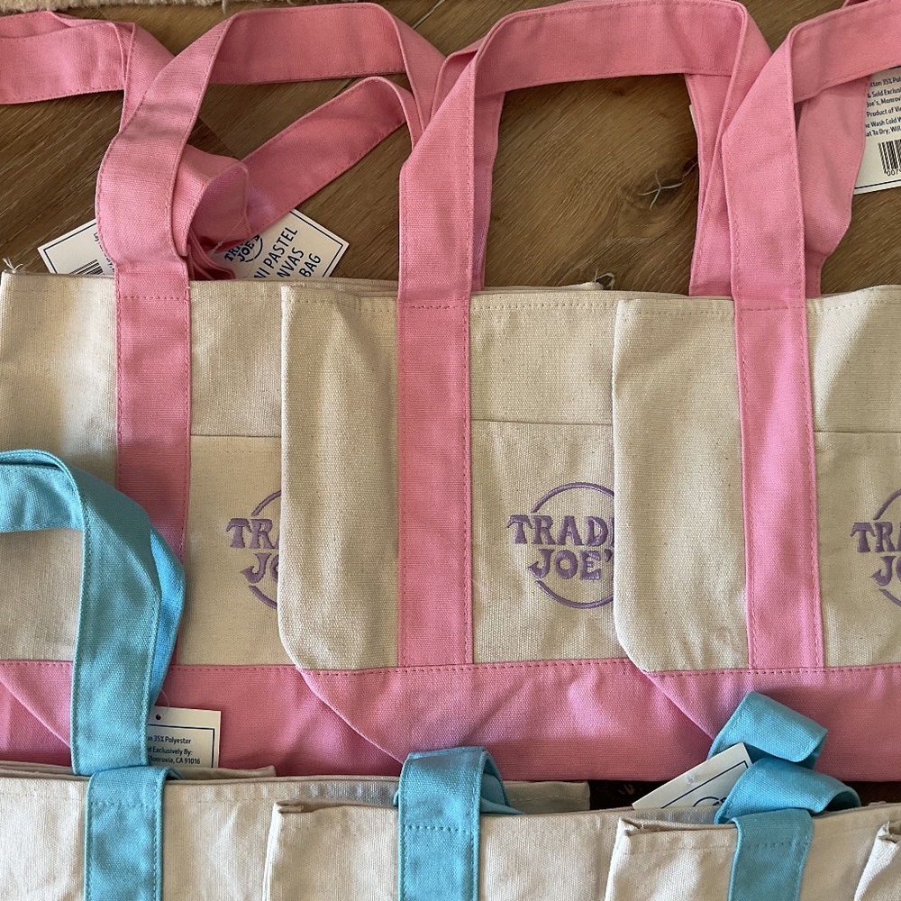 NWT Trader Joes Mini Pastel Canvas Tote Bags 3 Spring Colors Lot Of 11 Pc - Picture 3 of 11